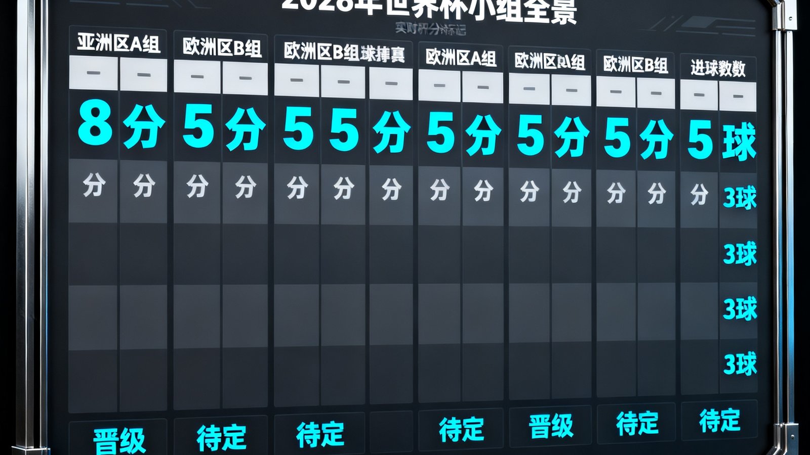 2026年世界杯小组赛积分榜全景数据面板，展示12个小组的实时积分排名、进球数与晋级形势标记，背景为深色数据仪表盘风格，突出数字可读性。